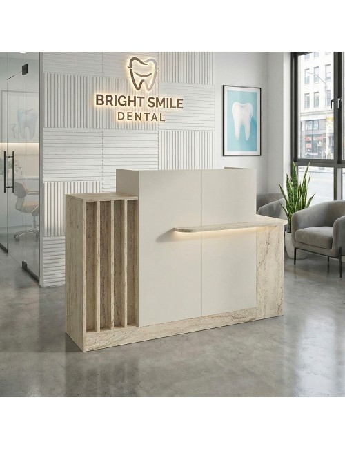 Bancone Reception Dayana 150 cm Cashmere e Travertino con LED – Design Moderno