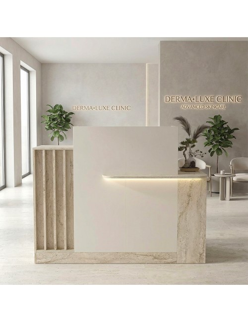 Bancone Reception Dayana 150 cm Cashmere e Travertino con LED – Design Moderno