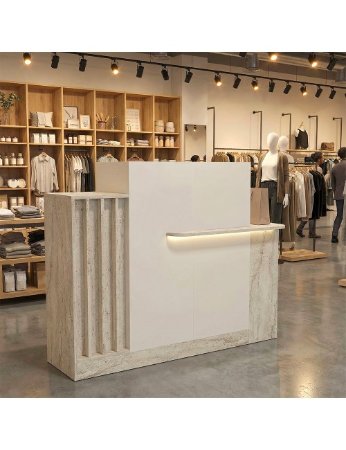 Bancone Reception Dayana 150 cm Cashmere e Travertino con LED – Design Moderno
