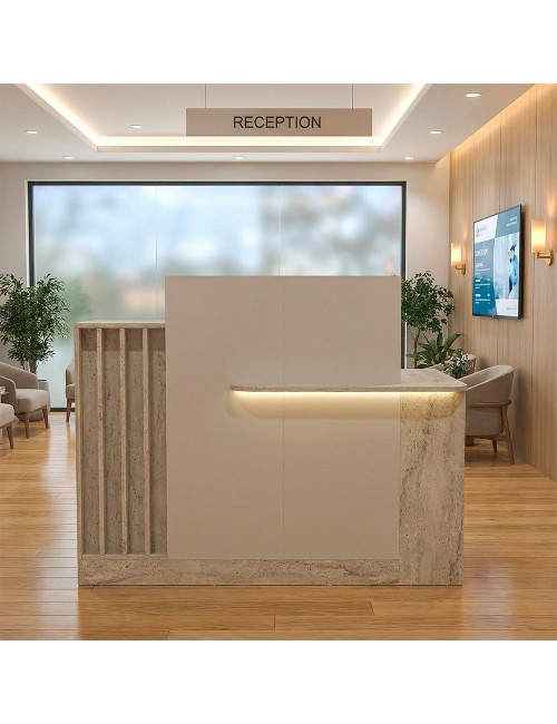 Bancone Reception Dayana 150 cm Cashmere e Travertino con LED – Design Moderno
