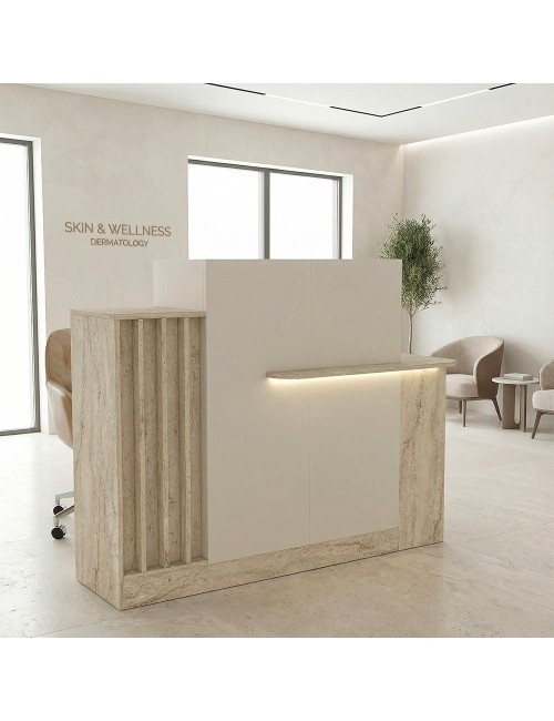 Bancone Reception Dayana 150 cm Cashmere e Travertino con LED – Design Moderno
