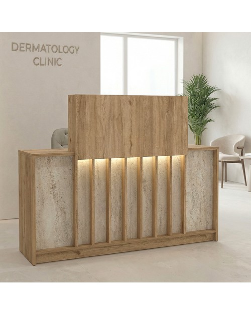 Bancone Reception Davis 150 cm Rovere e Travertino con LED e Listelli Verticali