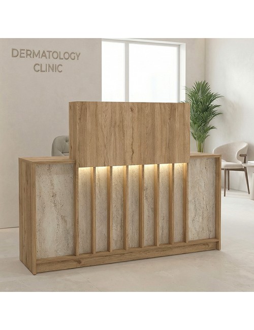 Bancone Reception Davis 150 cm Rovere e Travertino con LED e Listelli Verticali