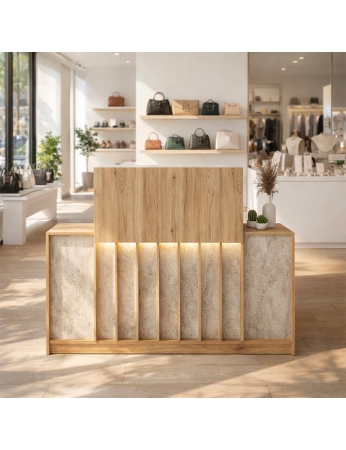 Bancone Reception Davis 150 cm Rovere e Travertino con LED e Listelli Verticali