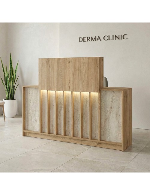 Bancone Reception Davis 150 cm Rovere e Travertino con LED e Listelli Verticali