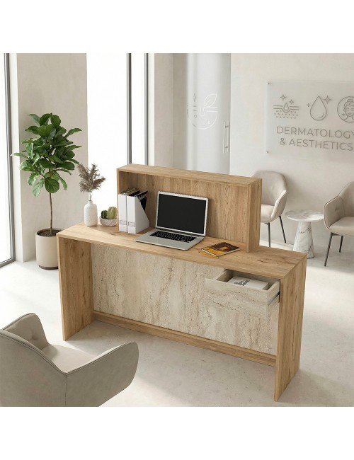 Bancone Reception Davis 150 cm Rovere e Travertino con LED e Listelli Verticali