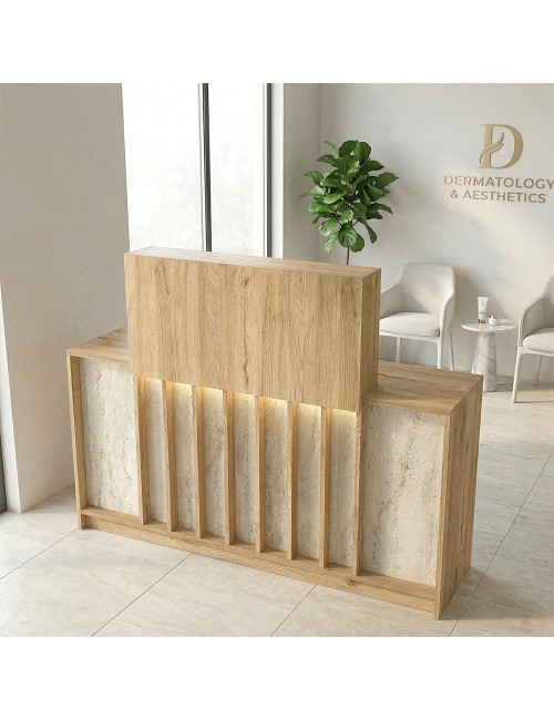 Bancone Reception Davis 150 cm Rovere e Travertino con LED e Listelli Verticali
