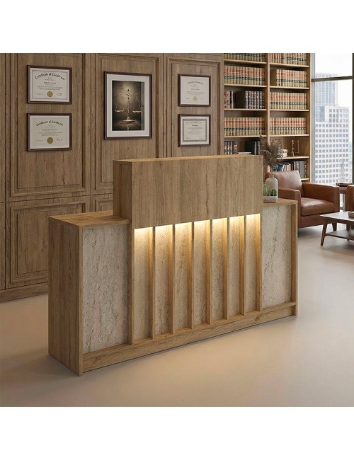 Bancone Reception Davis 150 cm Rovere e Travertino con LED e Listelli Verticali