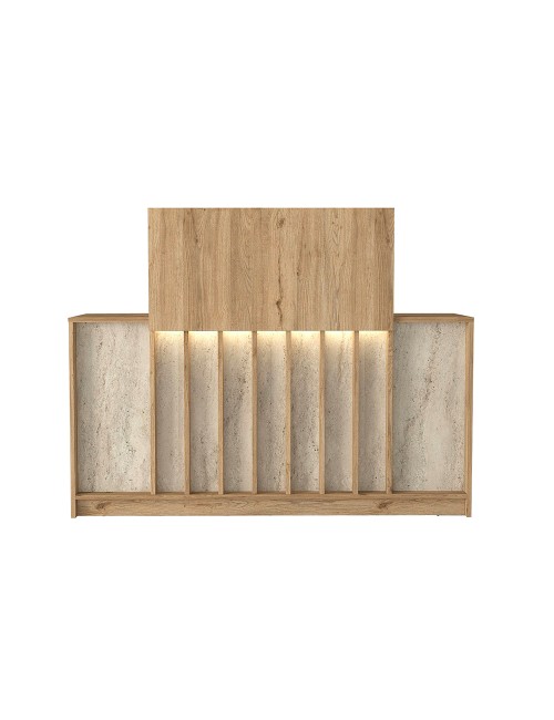 Bancone Reception Davis 150 cm Rovere e Travertino con LED e Listelli Verticali