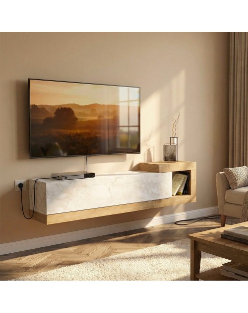 Porta TV Volare Rovere con Anta a Ribalta e Dettaglio Effetto Marmo Bianco