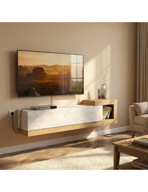 Porta TV Volare Rovere con Anta a Ribalta e Dettaglio Effetto Marmo Bianco