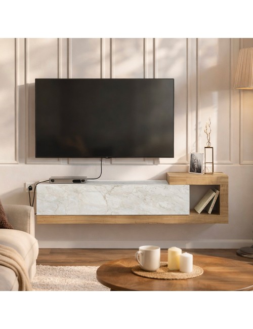 Porta TV Volare Rovere con Anta a Ribalta e Dettaglio Effetto Marmo Bianco