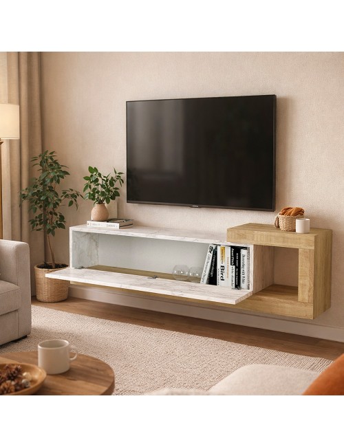 Porta TV Volare Rovere con Anta a Ribalta e Dettaglio Effetto Marmo Bianco