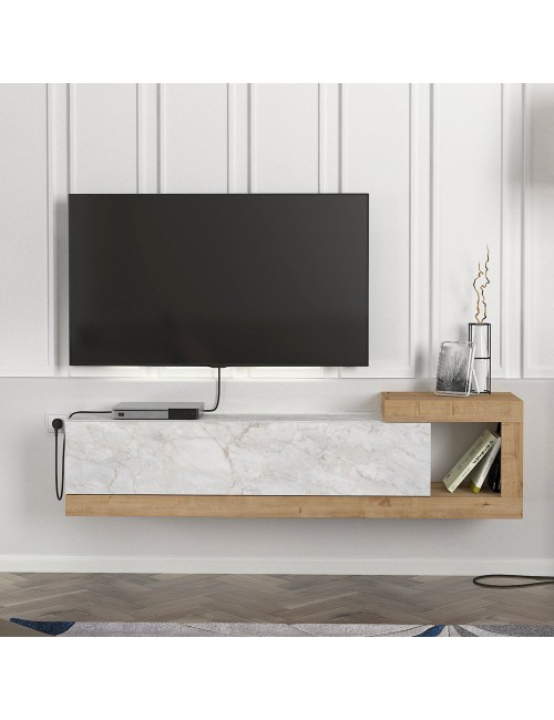 Porta TV Volare Rovere con Anta a Ribalta e Dettaglio Effetto Marmo Bianco