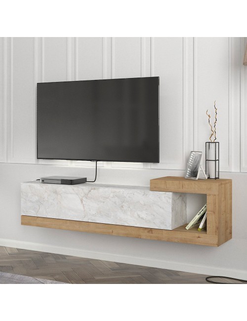 Porta TV Volare Rovere con Anta a Ribalta e Dettaglio Effetto Marmo Bianco