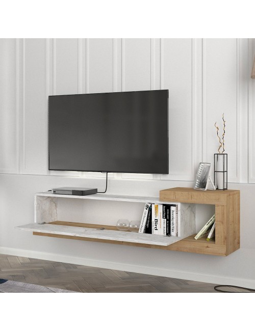 Porta TV Volare Rovere con Anta a Ribalta e Dettaglio Effetto Marmo Bianco