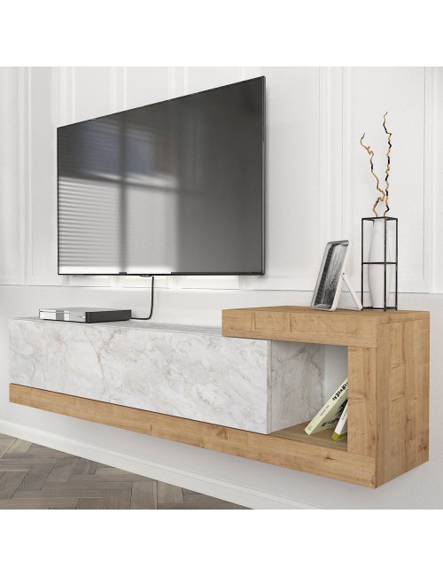 Porta TV Volare Rovere con Anta a Ribalta e Dettaglio Effetto Marmo Bianco