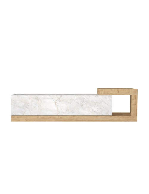 Porta TV Volare Rovere con Anta a Ribalta e Dettaglio Effetto Marmo Bianco