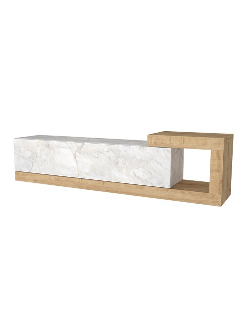 Porta TV Volare Rovere con Anta a Ribalta e Dettaglio Effetto Marmo Bianco