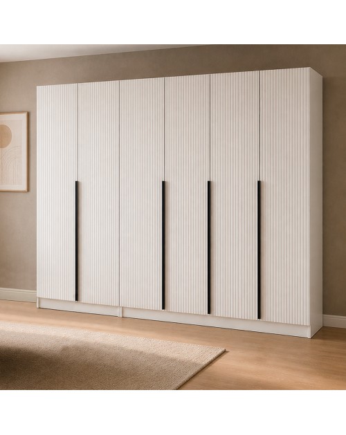 Armadio Kale 6 ante battenti effetto cannettato bianco 270x52x210H – Eleganza e capienza