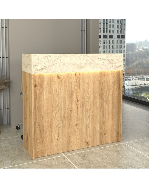 Bancone Reception Wilko 110 cm Rovere con Dettaglio Travertino e LED – Design Moderno