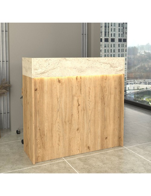 Bancone Reception Wilko 110 cm Rovere con Dettaglio Travertino e LED – Design Moderno