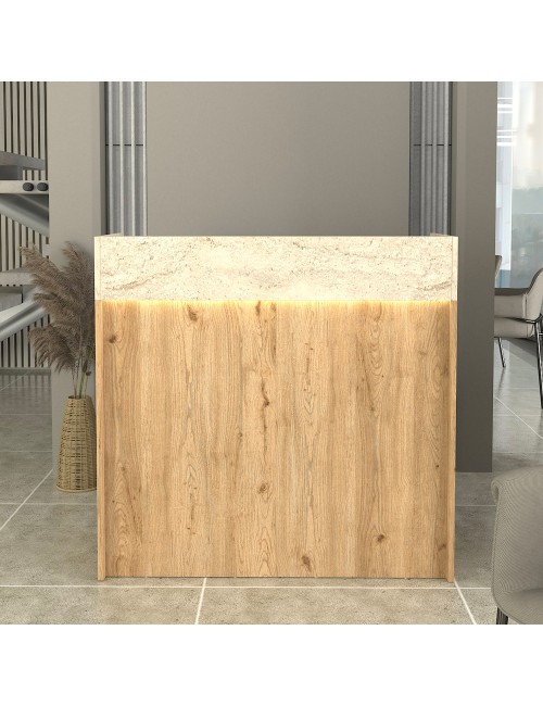 Bancone Reception Wilko 110 cm Rovere con Dettaglio Travertino e LED – Design Moderno
