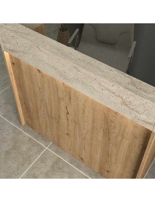 Bancone Reception Wilko 110 cm Rovere con Dettaglio Travertino e LED – Design Moderno