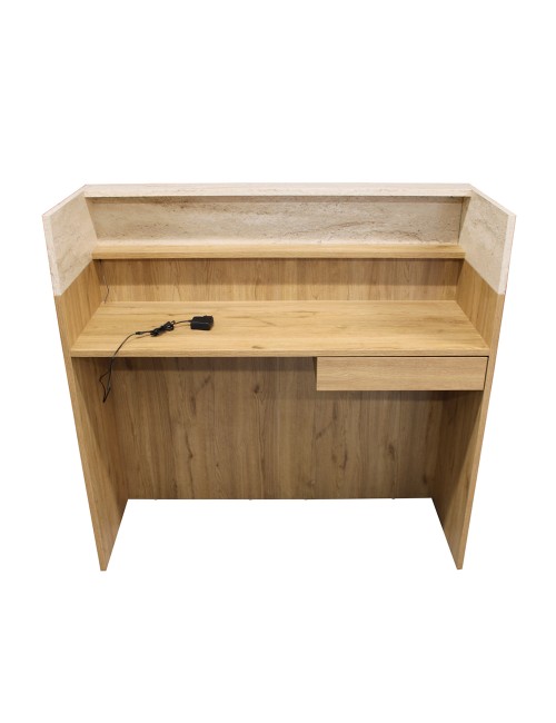 Bancone Reception Wilko 110 cm Rovere con Dettaglio Travertino e LED – Design Moderno
