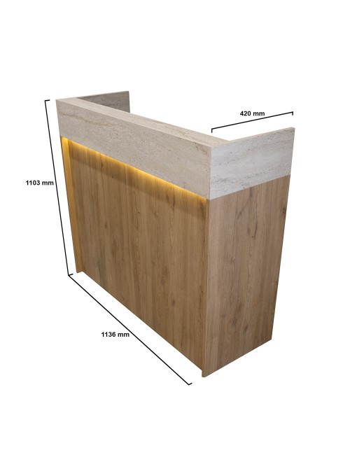 Bancone Reception Wilko 110 cm Rovere con Dettaglio Travertino e LED – Design Moderno