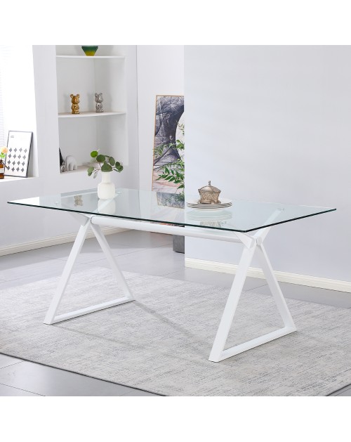 Tavolo da Pranzo Skylar 150×90 cm in Vetro Temperato con Gambe a Cavalletto bianco
