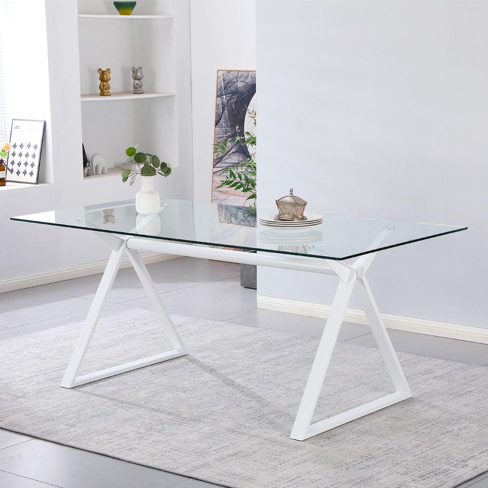 Tavolo da Pranzo Skylar 150×90 cm in Vetro Temperato con Gambe a Cavalletto bianco