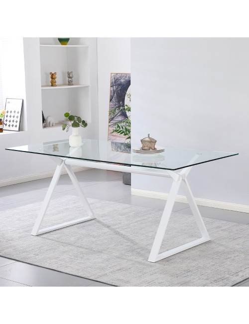 Tavolo da Pranzo Skylar 150×90 cm in Vetro Temperato con Gambe a Cavalletto bianco