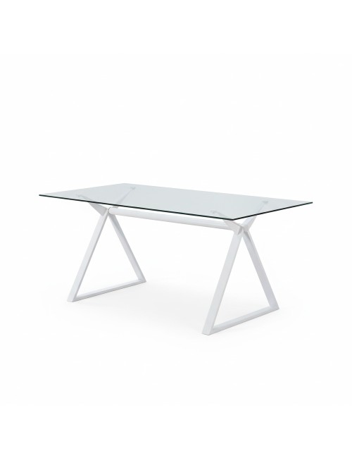 Tavolo da Pranzo Skylar 150×90 cm in Vetro Temperato con Gambe a Cavalletto bianco