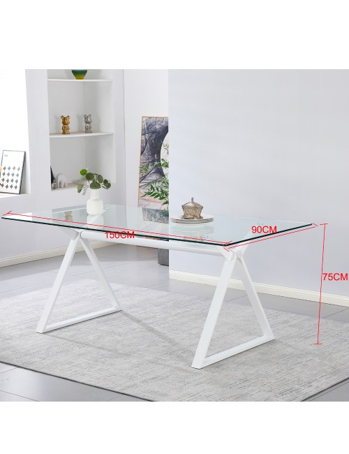 Tavolo da Pranzo Skylar 150×90 cm in Vetro Temperato con Gambe a Cavalletto bianco