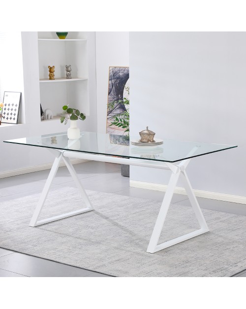 Tavolo da Pranzo Skylar 180×90 cm in Vetro Temperato con Gambe a Cavalletto bianco