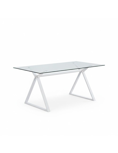Tavolo da Pranzo Skylar 180×90 cm in Vetro Temperato con Gambe a Cavalletto bianco