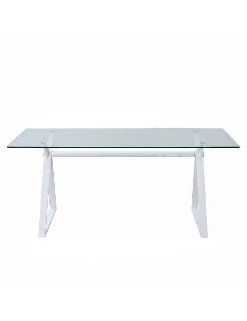Tavolo da Pranzo Skylar 180×90 cm in Vetro Temperato con Gambe a Cavalletto bianco
