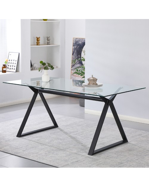 Tavolo da Pranzo Skylar 150×90 cm in Vetro Temperato con Gambe a Cavalletto Nere