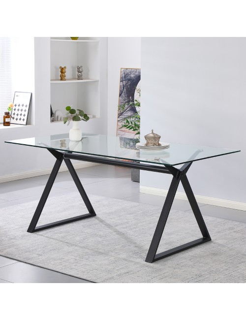 Tavolo da Pranzo Skylar 150×90 cm in Vetro Temperato con Gambe a Cavalletto Nere