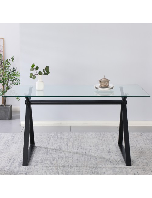 Tavolo da Pranzo Skylar 150×90 cm in Vetro Temperato con Gambe a Cavalletto Nere