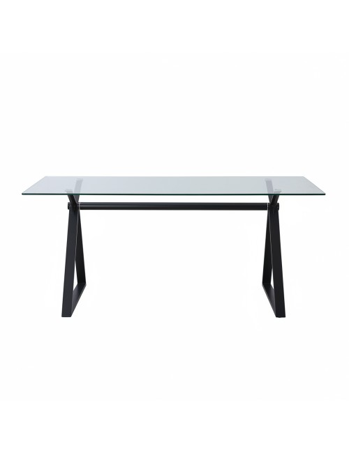 Tavolo da Pranzo Skylar 180×90 cm in Vetro Temperato con Gambe a Cavalletto Nere