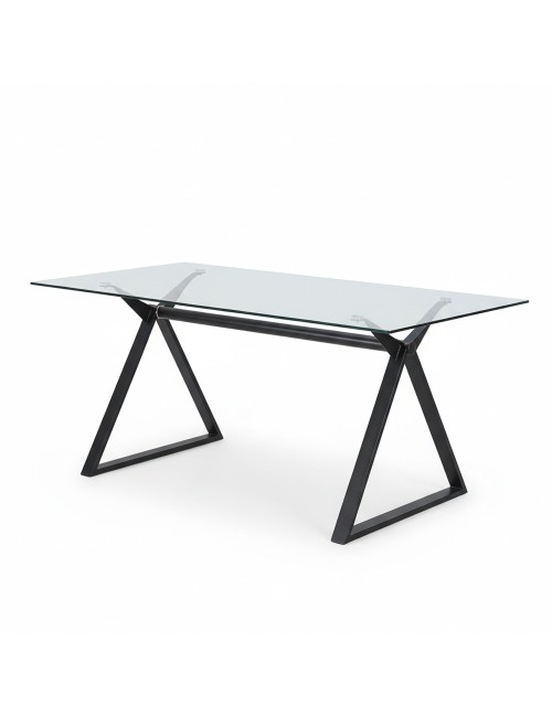 Tavolo da Pranzo Skylar 180×90 cm in Vetro Temperato con Gambe a Cavalletto Nere