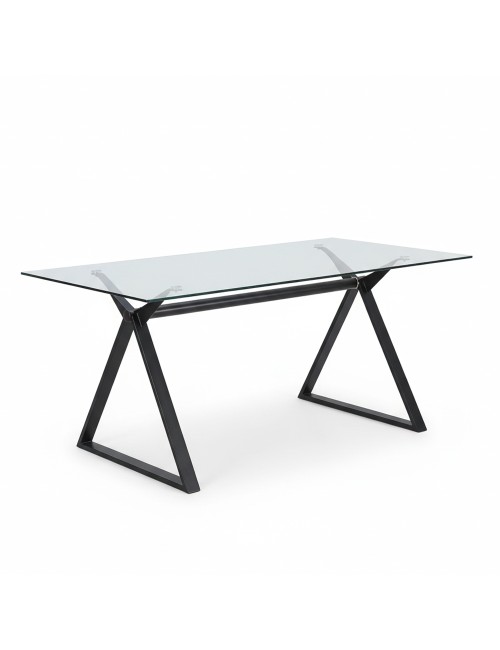Tavolo da Pranzo Skylar 180×90 cm in Vetro Temperato con Gambe a Cavalletto Nere