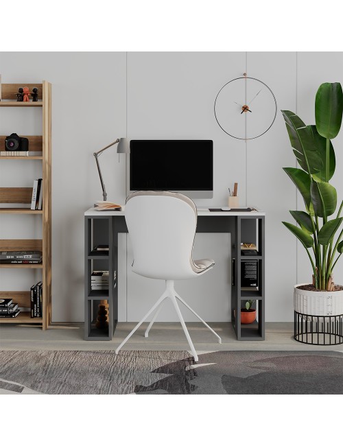 Scrivania Moderna Colmar Bianca e Antracite con 6 Vani a Giorno – 106x50 cm