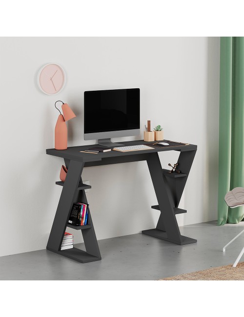 Scrivania Papillon antracite con gambe a X e ripiani integrati 106x50x75
