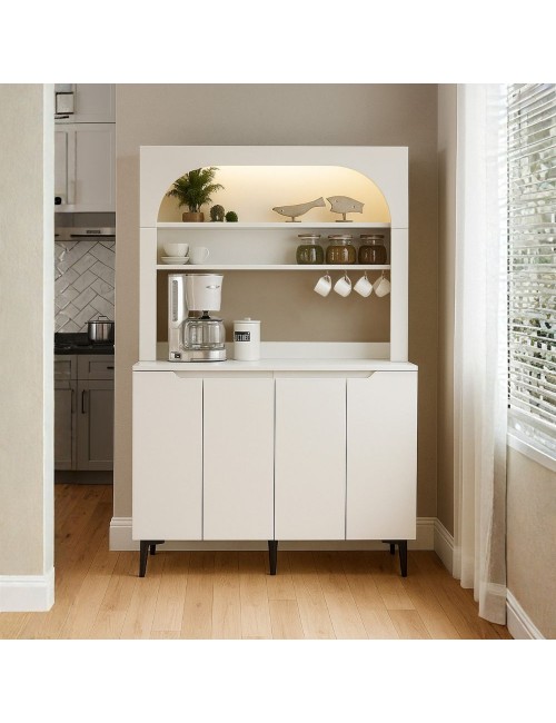 Credenza Cucina Melinta Bianca con 4 Ante, Mensole a Giorno e Angolo Caffè