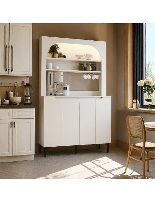 Credenza Cucina Melinta Bianca con 4 Ante, Mensole a Giorno e Angolo Caffè