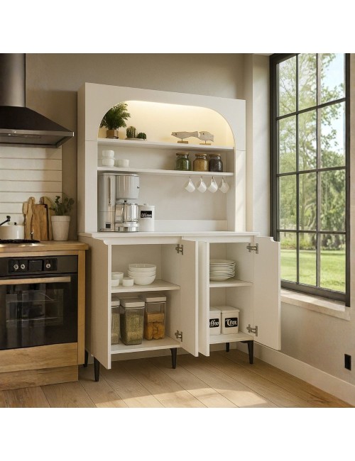 Credenza Cucina Melinta Bianca con 4 Ante, Mensole a Giorno e Angolo Caffè