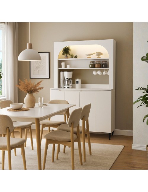 Credenza Cucina Melinta Bianca con 4 Ante, Mensole a Giorno e Angolo Caffè